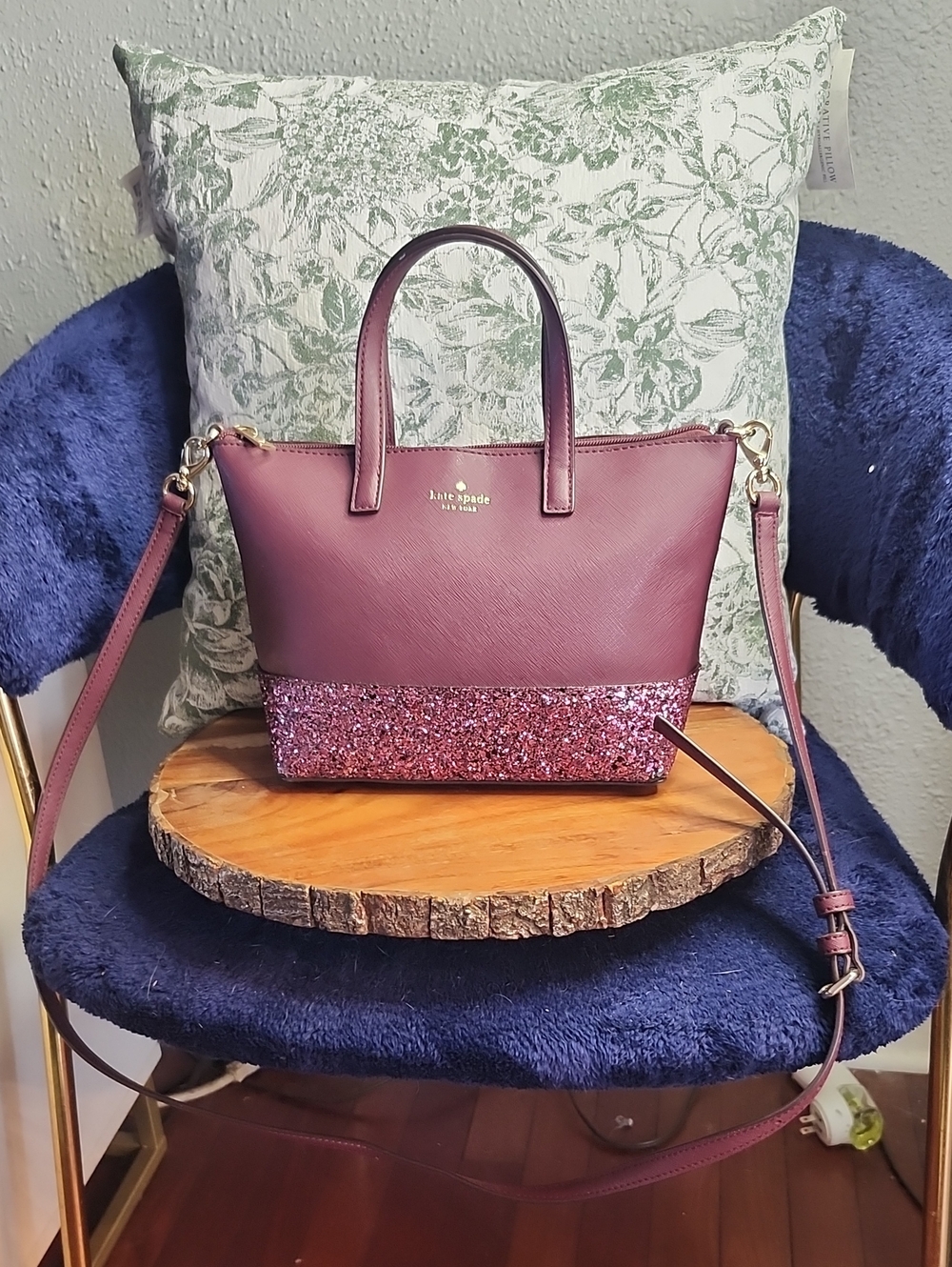 kate spade Greta Court Cherrywood leather Glitter satchel Pink glitter base